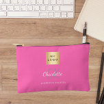 Hot pink business logo name monogram accessory pouch<br><div class="desc">Hot pink background,  white and grey text. Personalize and add your business logo,  first name,  monogram initials and full name.</div>