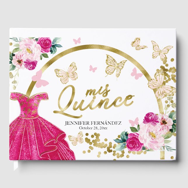 Hot Pink Butterfly Dress Quinceanera Guest Book   (Front)