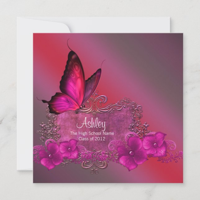 Hot Pink Butterfly Graduation Announcements (Front)