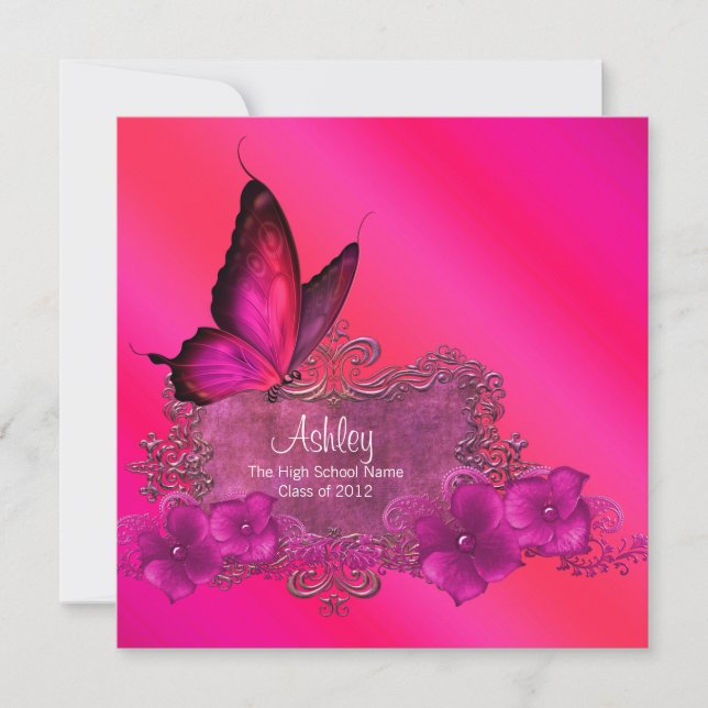 Hot Pink Butterfly Graduation Announcements (Front)