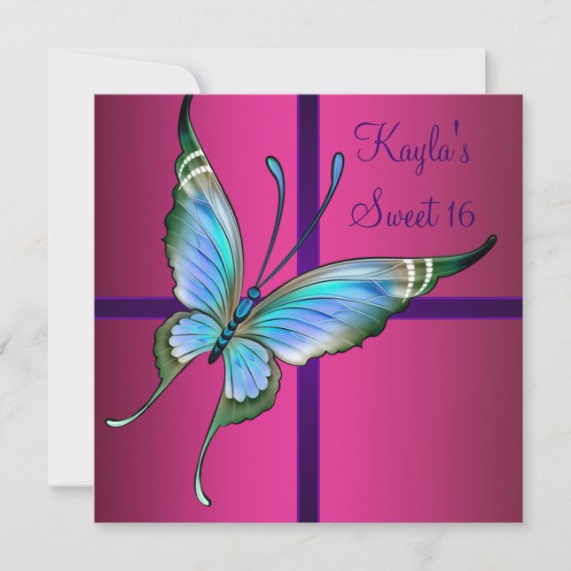 Hot Pink Butterfly Sweet 16 Party Invitation (Front)