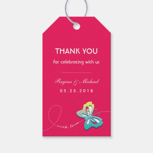 Hot Pink Butterfly Wedding Party Favour Gift Tag (Front)