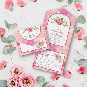Hot pink cactus flowers, leaves floral wedding all in one invitation