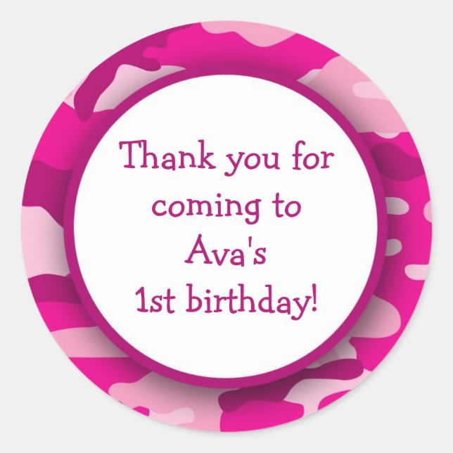 Hot Pink Camo Birthday Party Favour Stickers (Front)