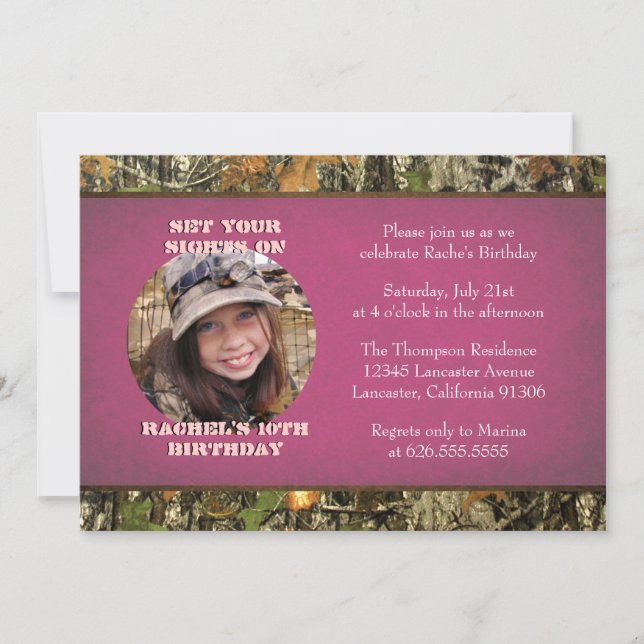 Hot Pink Camo Photo Birthday Invitation (Front)