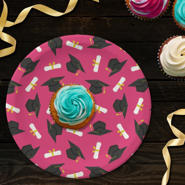 Hot Pink Cap Diplomas Pattern Graduation Party Paper Plate (Creator Uploaded)