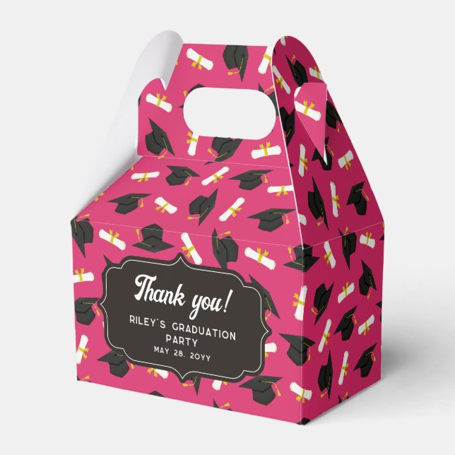 Hot Pink Cap Diplomas Pattern Graduation Thank You Favor Box (Front Side)