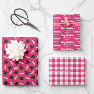 Hot Pink Caps Diplomas Mixed Graduation Patterns Wrapping Paper Sheet
