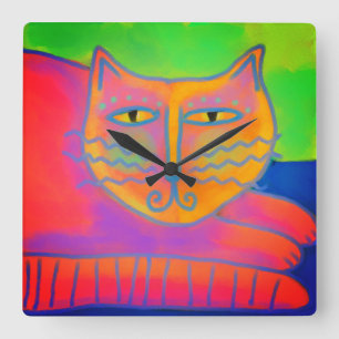 Hot Pink Cat Abstract Art Square Wall Clock