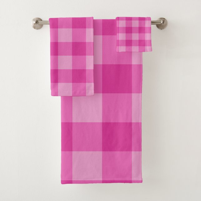Hot Pink Chequered Squares Plaid Pinks Bath Towel Set (Insitu)