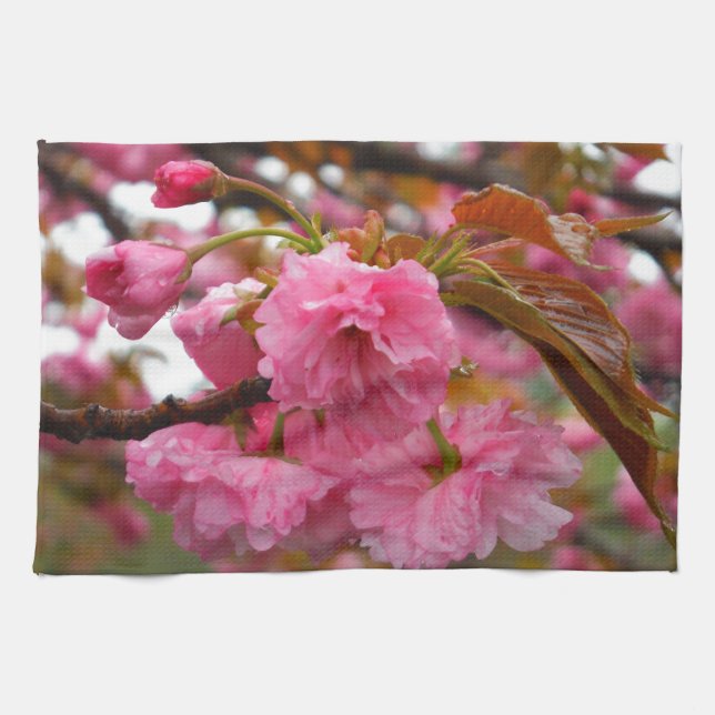 Hot Pink Cherry Blossom Flowers Kitchen Towel (Horizontal)