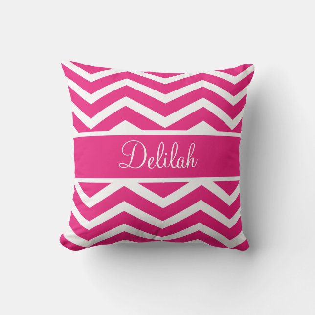 Hot Pink Chevron Custom Name Throw Pillow (Front)