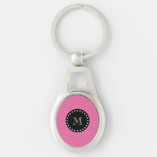 Hot Pink Chevron Pattern   Black Monogram Keychain