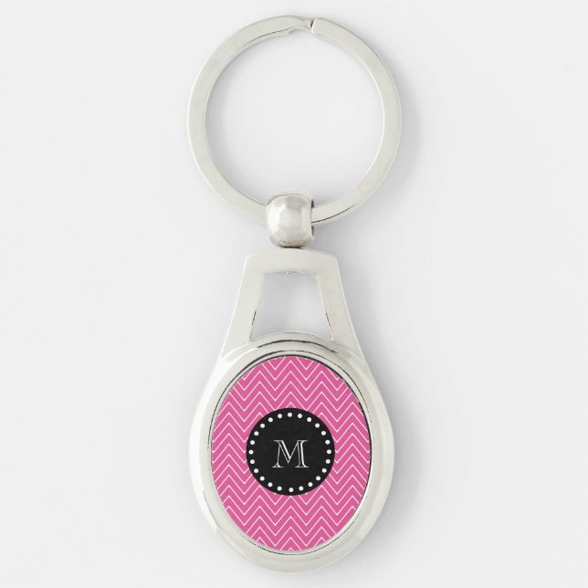 Hot Pink Chevron Pattern | Black Monogram Keychain (Front)