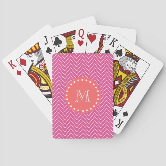 Hot Pink Chevron Pattern | Coral Monogram Playing Cards (Back)