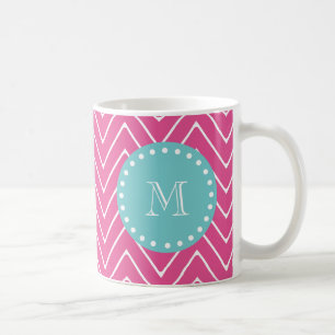 Hot Pink Chevron Pattern   Teal Monogram Coffee Mug
