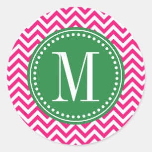Hot Pink Chevron Zigzag Personalized Monogram Classic Round Sticker