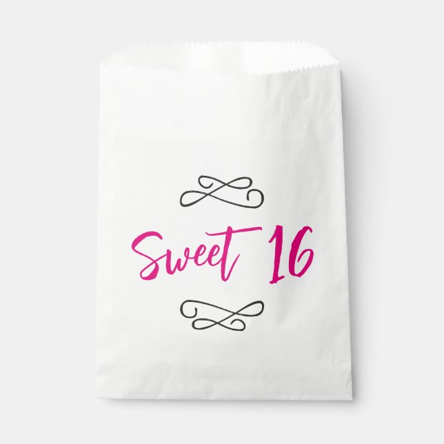 Hot Pink Chic Doodle Modern Script Sweet 16 Favour Bag (Front)