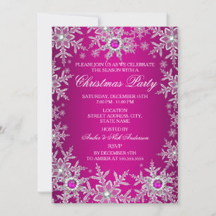 Hot Pink Christmas Party Crystal Snowflake Invitation