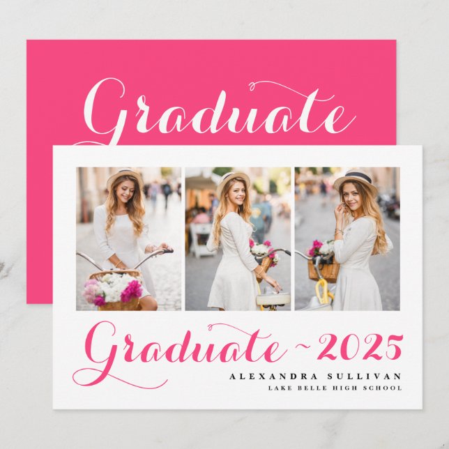 Hot Pink Class of 2025 Photo Collage Graduation Announcement (Front/Back)