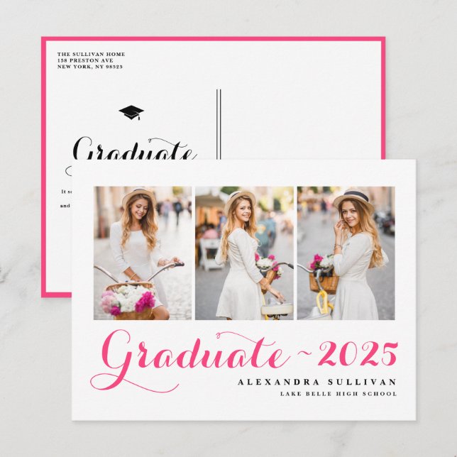 Hot Pink Class of 2025 Photo Collage Graduation   Announcement Postcard (Front/Back)
