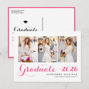 Hot Pink Class of 2026 Photo Collage Graduation Invitation Postcard