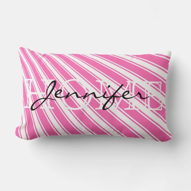 Hot pink Colour Stripe Pattern Home Monogram Lumbar Pillow (Front)