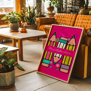 Hot Pink Colourful Teacher Cartoon Pencil Poster