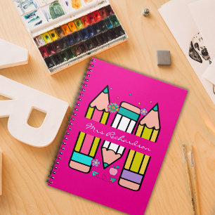 Hot Pink Colourful teacher name pencil cartoon  Notebook
