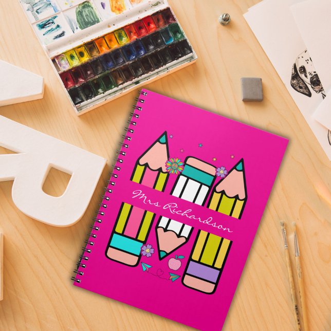 Hot Pink Colourful teacher name pencil cartoon  Notebook (Creator Uploaded)