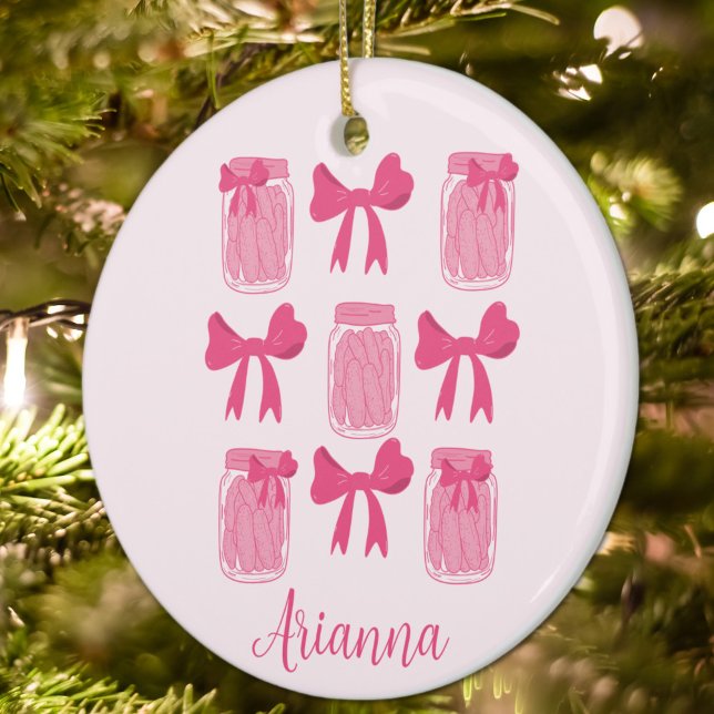 Hot Pink Coquette Pickle Jar and Bow Personalized Ceramic Ornament (Hot Pink Coquette Pickle Jar and Bow Personalized Ornament)