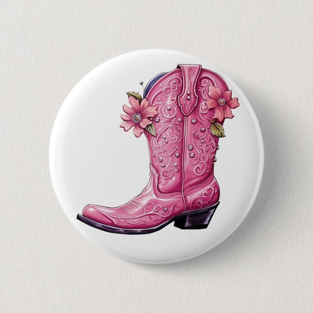 Hot Pink Cowgirl Boot Howdy 2 Inch Round Button (Front)