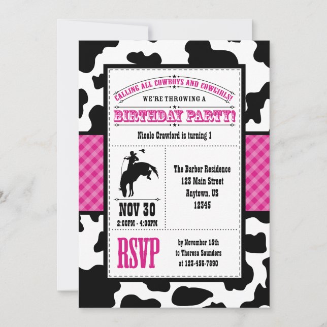 Hot Pink Cowhide Cowboy Birthday Invitation (Front)