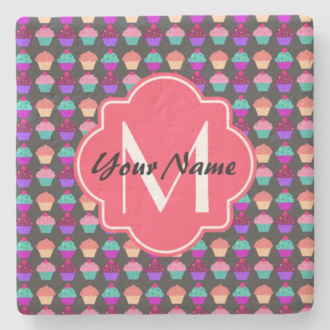 Hot Pink Cupcakes Personalized Name,Monogram Stone Coaster (Front)