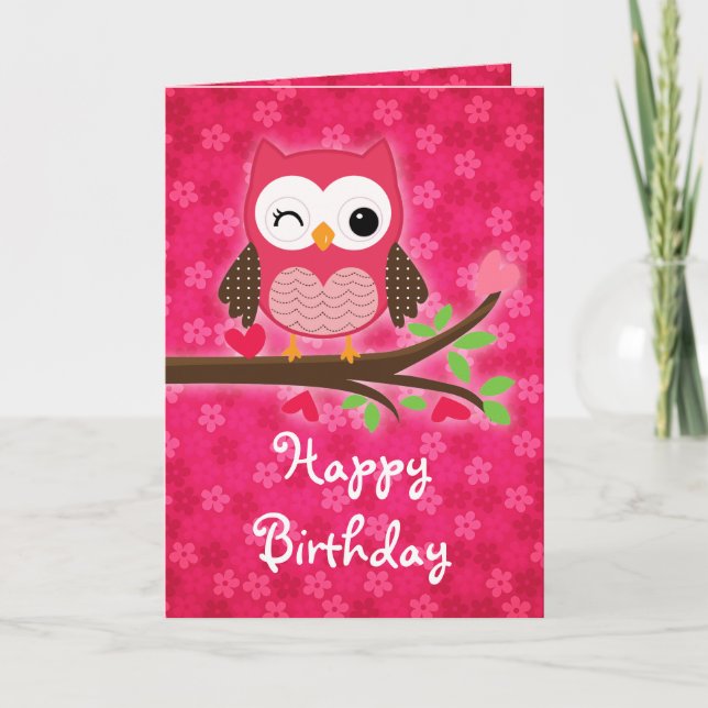 Hot Pink Cute Owl Girly Happy Birthday Card (Front)