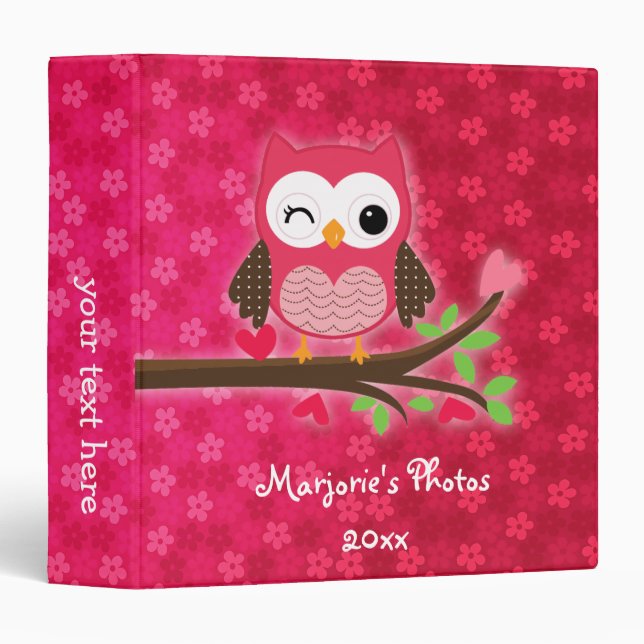 Hot Pink Cute Owl Girly Personalized Binder (Front/Spine)