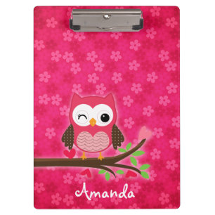 Hot Pink Cute Owl Girly Personalized Clipboard