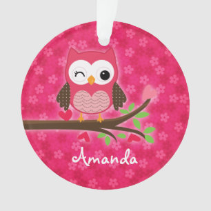 Hot Pink Cute Owl Girly Personalized Ornament