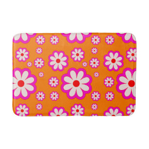 Hot Pink Daisies on Burnt Orange 70s Retro Floral  Bath Mat