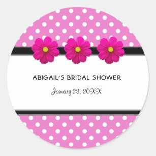 Hot Pink Daisy & Black Polka Dots Bridal Shower Cl Classic Round Sticker