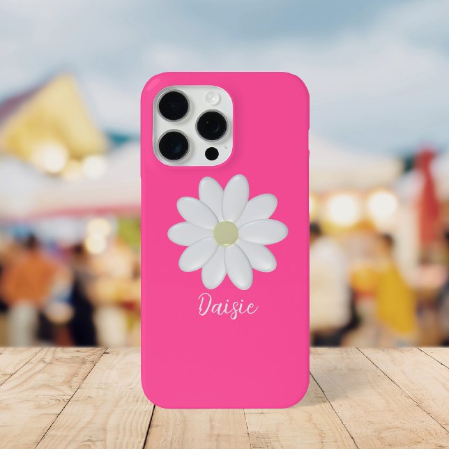  Hot Pink Daisy Flower Custom Name Case-Mate iPhone Case (Hot pink and white daisy phone case with space for your name)