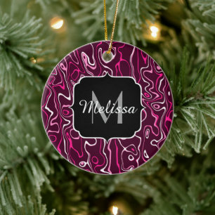 Hot pink damascus abstract swirls Custom Monogram Ceramic Ornament
