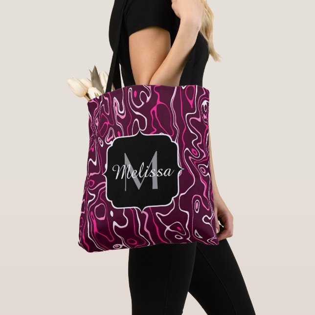 Hot pink damascus abstract swirls Custom Monogram Tote Bag (Close Up)