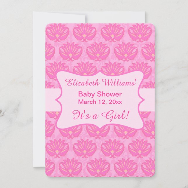 Hot Pink Damask Baby Girl Shower Custom Invitation (Front)