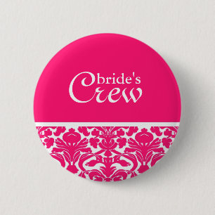 Hot Pink Damask Bride's Crew Button