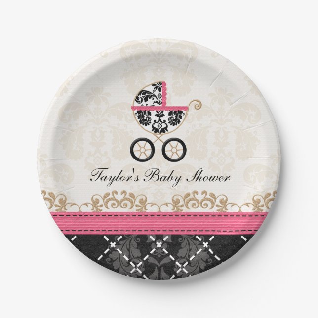 Hot Pink Damask Carriage Baby Shower Paper Plate (Front)