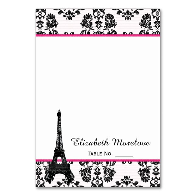 Hot Pink Damask Eiffel Tower Tent Place Cards (Front)