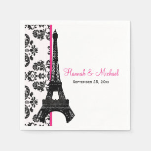 Hot Pink Damask Eiffel Tower Wedding Napkin