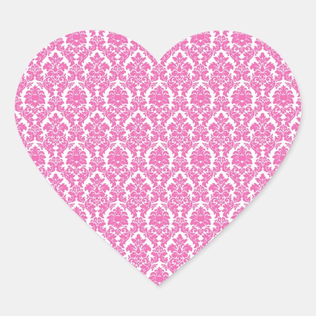 Hot Pink Damask Heart Sticker Envelope Seal (Front)