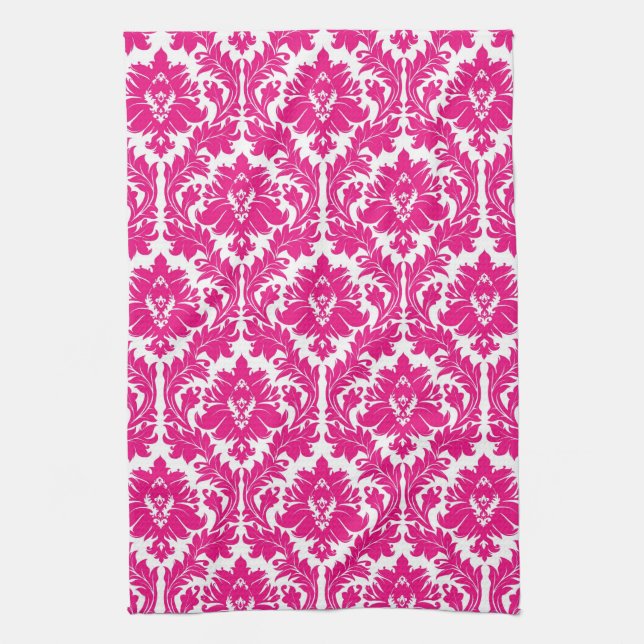 Hot Pink Damask Kitchen Towel (Vertical)